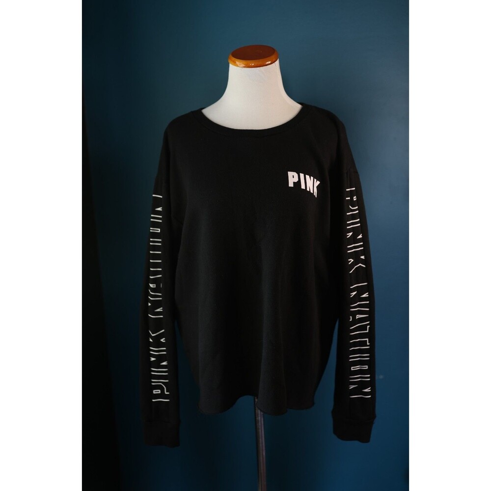 Victoria's Secret PINK Nation Black Crew Sweatshirt w/White Logo Raw Hem Large